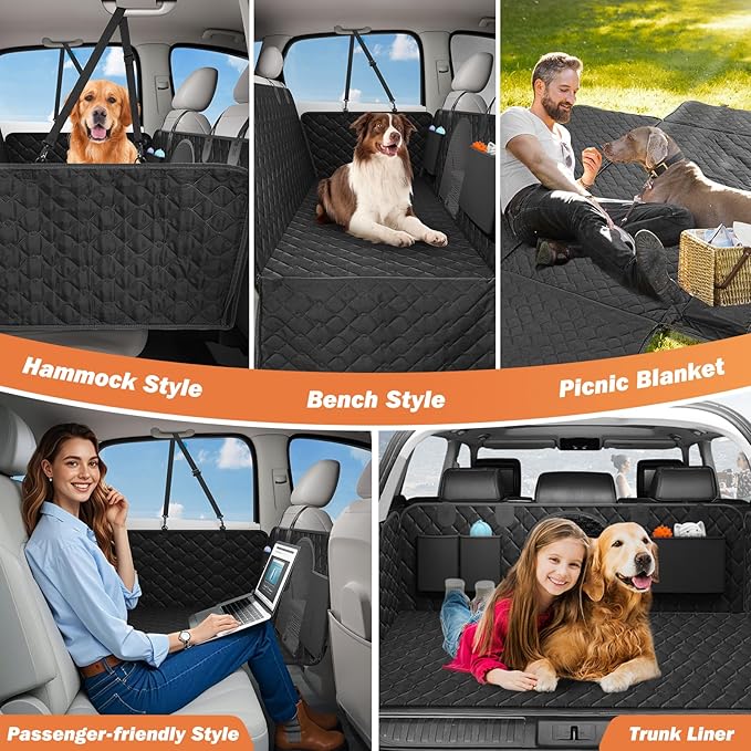 Back Seat Extender for Dogs, Dog Car Seat Cover for Back Seat Hard Bottom - Holds 330lbs Waterproof Cover for Dogs with Mesh Window & Pocket, Dog Hammock for Car, Small Truck, Black + Black
