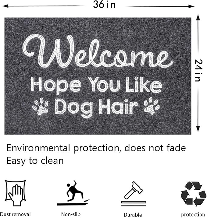 Gray Indoor Doormat, Dog Hair Mat Standard Welcome Front Door Entryway Mats, Funny Door Mat, Durable Non Slip Rubber Dirt Entrance Mats, 36" x 24"