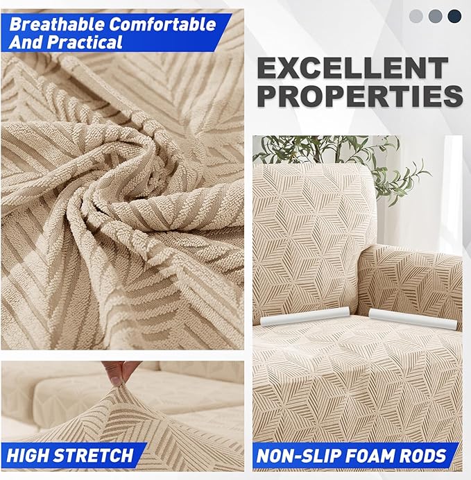 YEMYHOM 1 Piece Stretch Couch Covers for 3 Cushion Couch, Jacquard Sofa Cover with Non-Slip Elastic Bottom, Thickened Slipcover Furniture Protector for Dogs Pets (Large, Khaki）