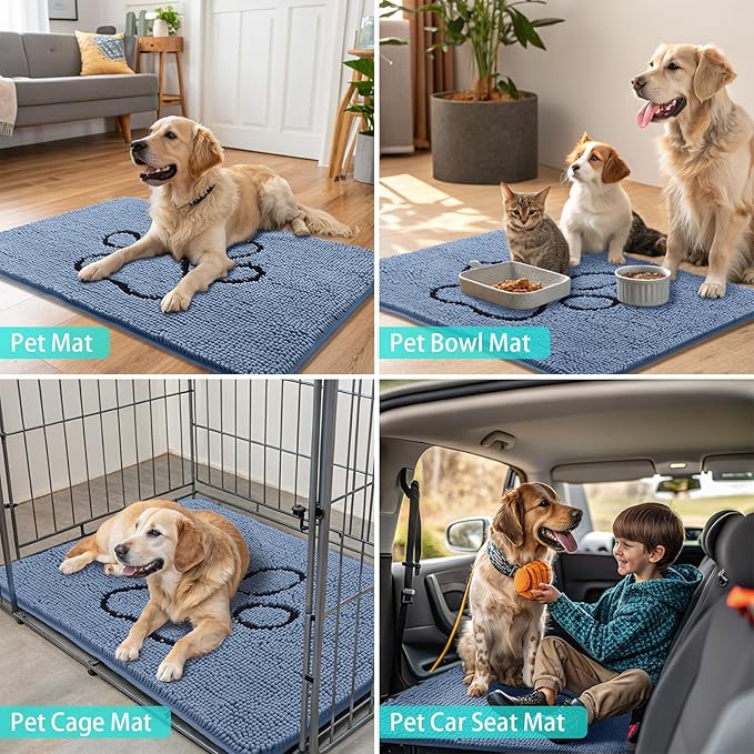 Smiry Dog Door Mat for Muddy Paws, Absorbent Dirt Trapper Non Slip Quick Dry Washable Chenille Mat for Mud Dogs, Entry Rug for Indoor and Outdoor (70x24 Inches, Airy Blue and Black)