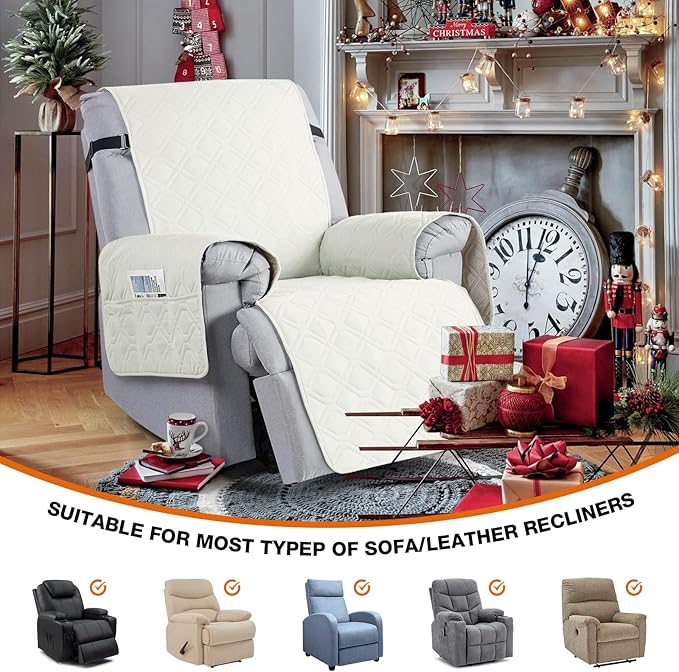 VANSOFY 100% Waterproof Recliner Chair Covers, Recliner Cover Non-Slip Dog Chair Cover Furniture Protector Washable Slipcover with Pocket, Elastic Straps for Pets, Dogs(Off White, 25")