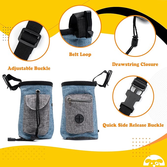 PetnBeyond Dog Treat Pouch Lightweight and Portable Pet Safe Treat Bag, Training Hands-Free Snack Bag with Built-In Poop Bag Dispenser, Capacity for 2 Cups - Great For Walking (Blue, Silhouette)