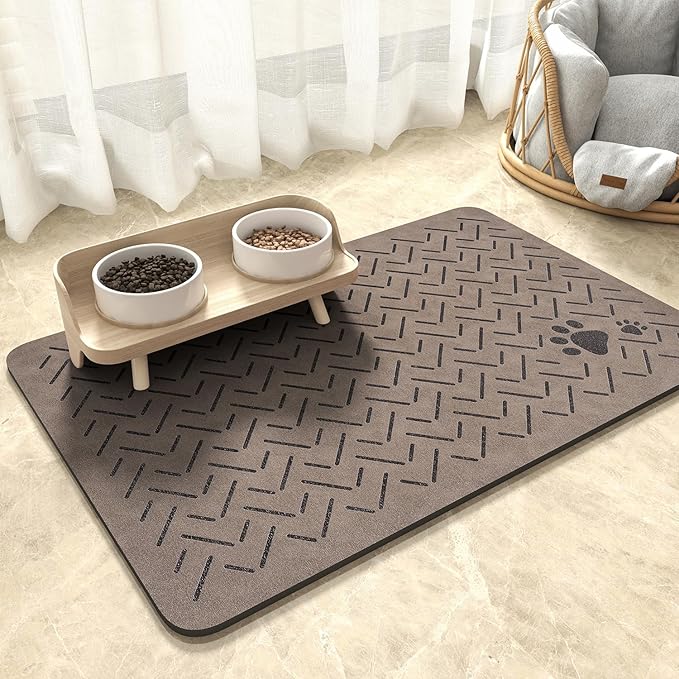 MontVoo-Absorbent Pet Feeding Mat-No Stains Quick Dry Dog Mat for Food and Water Bowl-Rubber Backing Dispenser Mat Accessories Supplies-Dog Bowl Messy Drinkers,(Brown,17"x28")