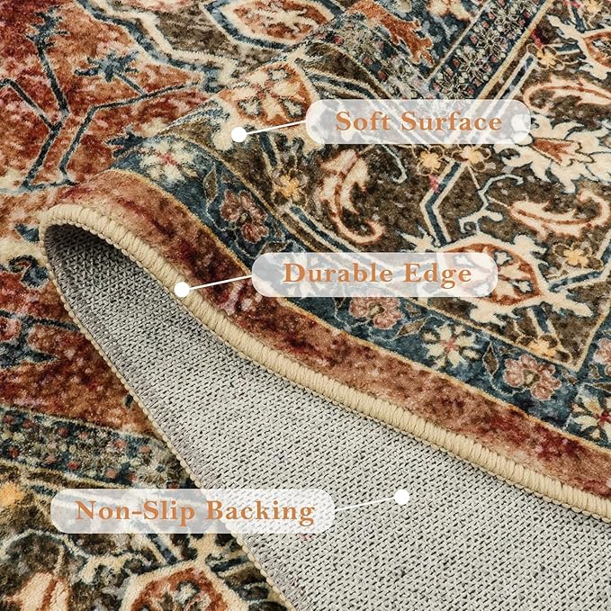 Lahome Oriental Washable Runner Rug Non Slip, 2x7 Rug Runners for Hallways Kitchen, Ultra-Thin Hallway Rugs for Laundry Room Bathroom Bedroom Eleanor, Brick Red