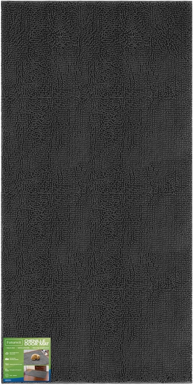 Futurwit Dog Door Mat for Muddy Paws, 96" x 48" Chenille Absorbent Front Door Mat Inside, Large Runner Mud Mat for Dogs, Trap Dirt Washable Non Slip Outdoor Indoor Entrance Doormats, Grey