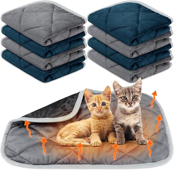 8 Pack Self Heating Cat Mat Self Warming Cat Bed Extra Warm Thermal Pet Bed Mat Reflects Body Heat Washable Dog Crate Pad for Indoor Outdoor Pets(Gray, Blue,16 x 20 Inch)