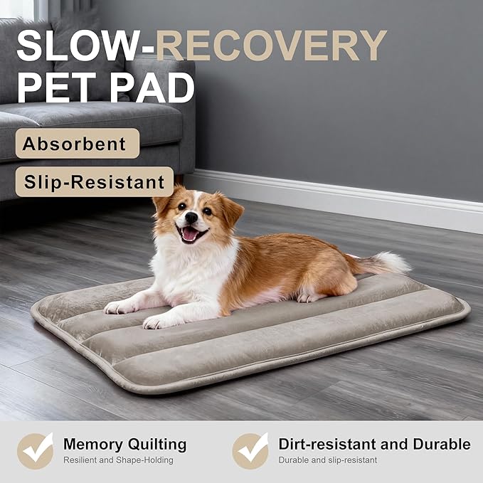 Dog Bed Mat, Reversible Dog Crate Pad with Washable Kennel Mat and Soft Foam, Flat Pet Bed for Dogs & Cats, for Crates Carriers & Travel (Light Brown, 28" L*16" W*1.5" Th)