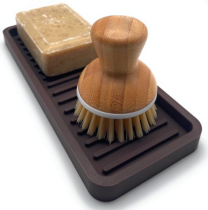 Happitasa Silicone Kitchen Sink Organizer Tray, Sponge Holder and Countertop Protector | Bathroom and Kitchen Soap Dish and Dispenser Tray (Dark Chocolate, 9"x3.5")