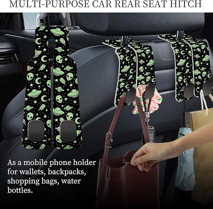 PU Leather Car Seat Hook, Storage Headrest Hanger, Cute Car Backseat Organizer, Car Hooks For Purses and Bags Green Alien Pattern