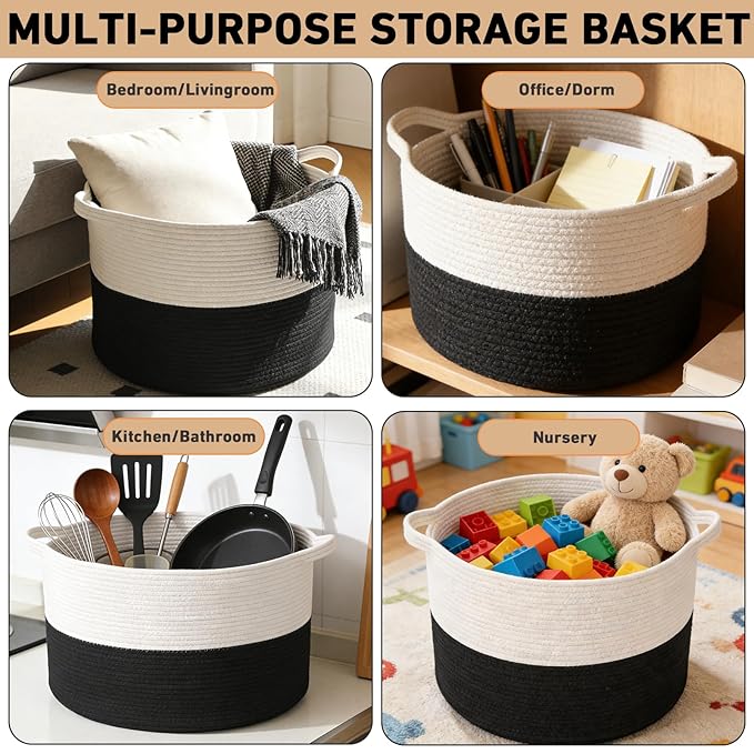65L Large Blanket Basket,19.7" L x 19.7" W x 13" H Rope Woven Baskets with Handles, Toys Storage Bins,Laundry Basket Perfect for Living Room, Nursery,Bedroom,Home Organization,White&Black
