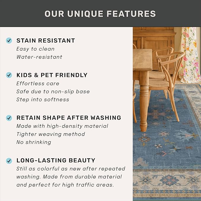 Blue Big Rugs for Living Room - Dusty Blue 10x14 Area Rug for Large Bedroom, Dining Room, Washable Lightweight Low Pile Foldable Eclectic Modern Floral Home Décor