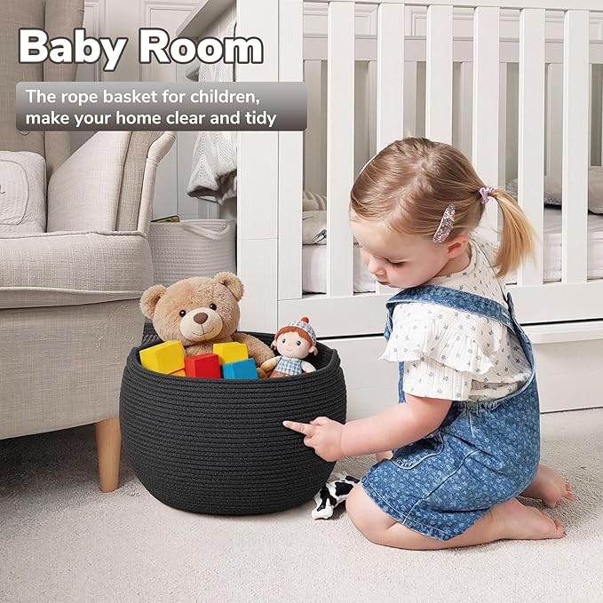 Goodpick Large Toy Storage for Kids, Black Baby Basket for Baby Shower, Decorative Woven Rope Basket for Nursery Living Room, 15.7"D x 10.5"H