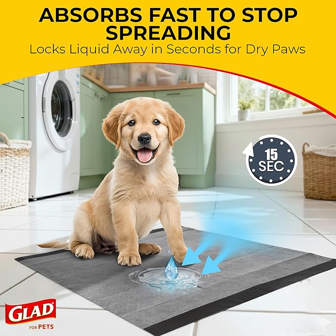 Glad for Pets Black Charcoal Puppy Pads - Super Absorbent Disposable Dog Pee Pads, Potty Training Pads, and Pet Supplies - Dog Pee Pads for Crate Training and Indoor Use 23" x 23" - 30 Count