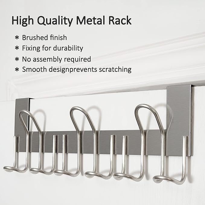 SKOLOO Over The Door Hooks - for Doors up to 1-3/4'' Thickness, Pack of 2, Metal Door Hanger with 9 Hooks, Over The Door Hanger for Coats, Hats, Towels, Silver
