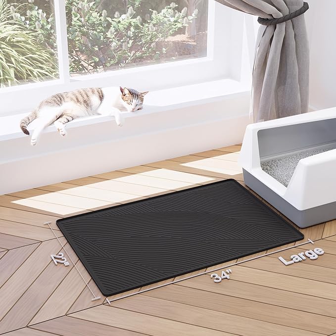 BANLYEO L Cat Litter Mat - 34x22 in, Water Proof, US Designed Kitty Litter Trapping Mat, Easy to Clean, Scatter Control, Odorless, Less Mess and Clean Floors, Pet Supplies for Indoor Cats, Dark Gray