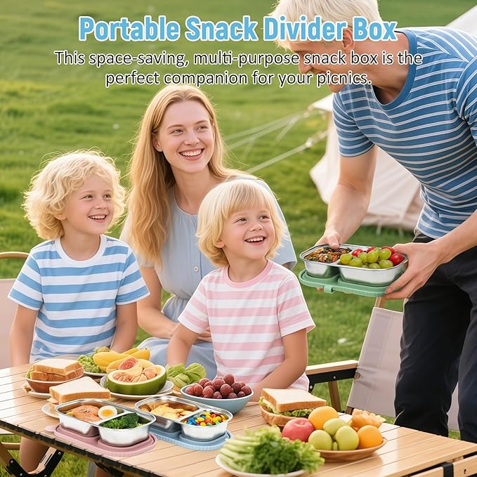 3 Pack Stainless Steel Snack Containers, 2 Compartment Snack Containers with Leakproof Silicone Lids,Divided Meal Prep Lunch Box Food Container for Travel, Outdoor, Camping.（15.84 OZ）