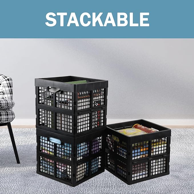 Fiazony 3-Pack Collapsible Crates, 18 L Square Stackable Utility Crate, Foldable Storage Cubes, Black