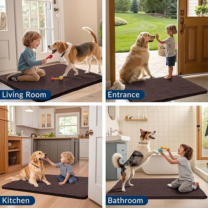 Smiry Dog Door Mat for Muddy Paws 40x24, Absorbs Moisture and Dirt Doormat, Non-Slip Washable Quick Dry Chenille Front Door Mat Indoor Entrance, Entryway Carpet for Inside Floor, Brown
