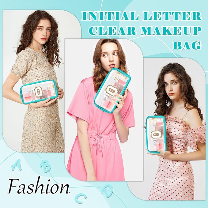 Personalized Initial Letter Clear Makeup Bag,Preppy Small Nylon&PVC Cosmetic Zipper Bag with Chenille Letter,Portable Beach Travel Skincare Toiletry Bag,Trendy Monogram Gift for Teen Girls Women,O