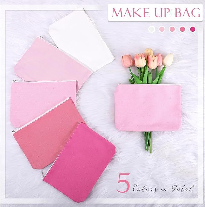 Reginary 10 Pcs Valentines Canvas Makeup Bags Bulk for Women Travel Toiletry Cosmetics Bags Blank DIY Pencil Pouch, Gift for Valentines Patrick's Day Wedding Bridal Shower Coworker(Pink)