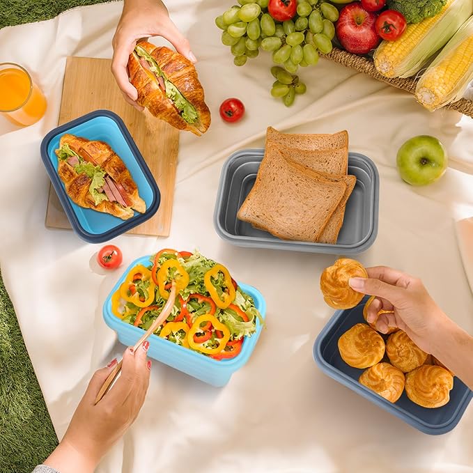 Collapsible Silicone Food Storage Containers with Lids, Collapsible Food Storage Containers, Camping Dishes,4 Pack Foldable Lunch Box for Leftovers, Meals, Snacks, Sky Blue