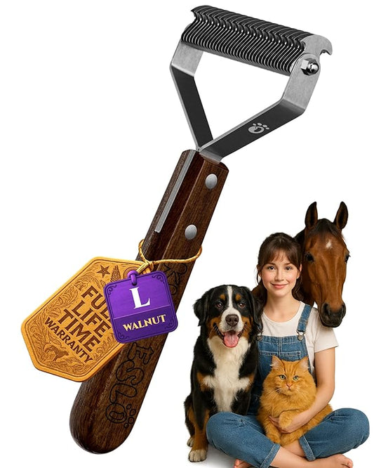 Large Dual-Sided Dogs and Cats Brush for Shedding, Unique Blade Designed Deshedding Dog Brush for Long & Short Haired Dogs, Safe&Pro Shedding Tools, Undercoat Rake for All Coats, Premium Walnut Handle