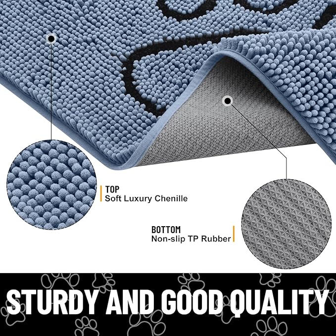 Smiry Dog Door Mat for Muddy Paws, Absorbent Dirt Trapper Non Slip Quick Dry Washable Chenille Mat for Mud Dogs, Entry Rug for Indoor and Outdoor (70x24 Inches, Airy Blue and Black)