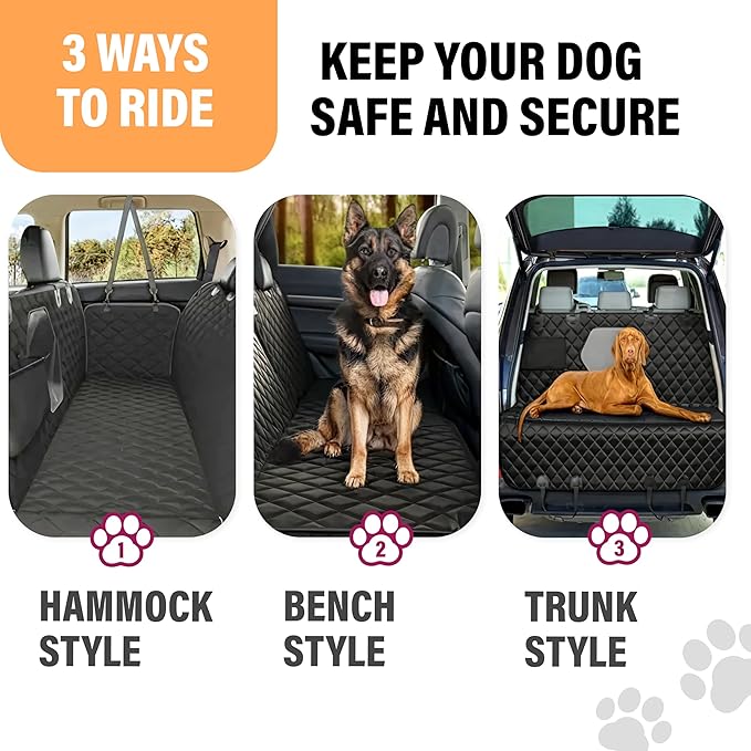 Active Pets Dog Car Seat Cover for Back Seat, Waterproof Pet Protection Hammock, SUV Truck Car Backseat Protector with Safety Features, Black