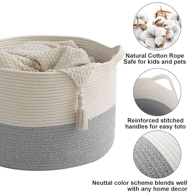 65L Large Woven Cotton Rope Blanket Basket with Handles, Laundry Hamper Storage Bin for Pillows, Comforters,Clothes, Bedroom and Living Room Organization,White&Grey