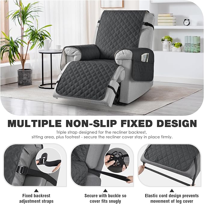 TAOCOCO Non-Slip Recliner Chair Cover Sofa Slipcover, Pet Cover for Small Recliner Chair with Elastic Straps, Washable Reclining Chair Cover Recliner Furniture Protector (23'' Small, Charcoal Gray)