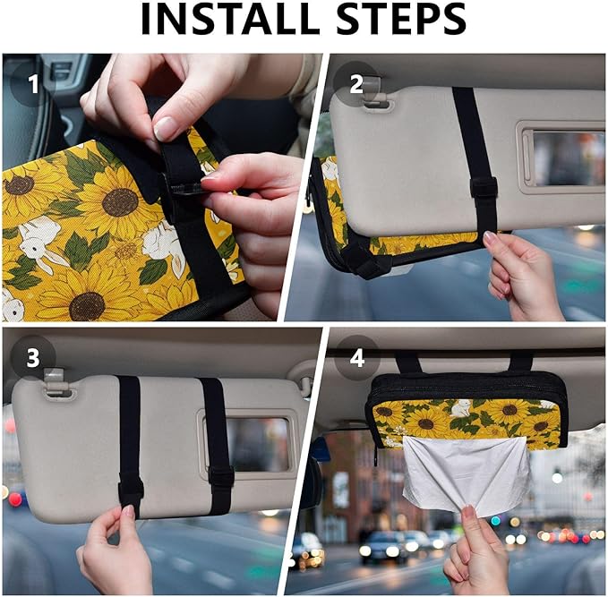 Car Tissue Holder Car Napkin Holder Car Tissue Box Dispenser Storage Case Sun Visor Mask Holder with Adjustable Straps Reusable Refillable Autumn Sunflower and Cute Rabbit