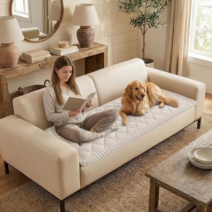 Smiry Fuzzy Couch Cover for Dogs, Non Slip Washable Pet Sofa Cover, Scratch Proof Hair Resistant Plush Sofa Slipcover, Pet Friendly Couch Cushion Protector for Cat, White, 27.6" x 59"