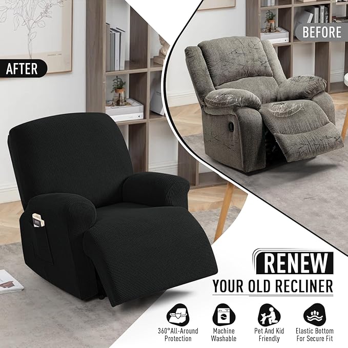TAOCOCO Recliner Cover 4-Pieces, Recliner Stretch Sofa Slipcover, Recliner Cover 1 Seat, Couch Protector Soft, Furniture Protector Covers with Elastic,Chair Covers Jacquard Pattern (Black)