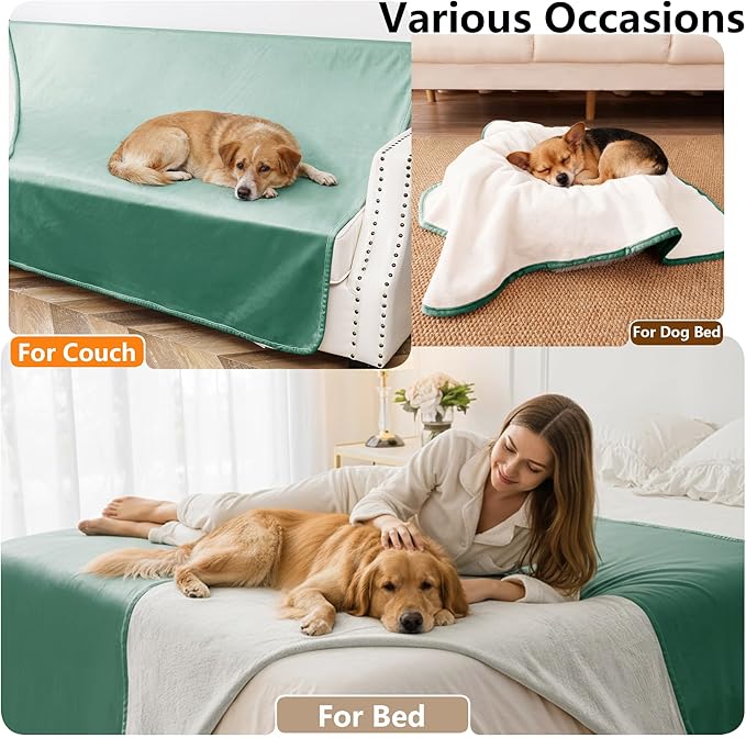 Tuffeel Waterproof Blanket for Bed King Size, Leak Proof Dog Couch Blankets Reversible, Pet Throw Sofa Furniture Protector Machine Washable-82 x108,Green+Cream