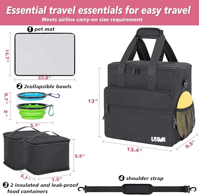 Dog Travel Bag, Large Pet Travel Set with Multi-Function Pockets, 2 Food Storage Containers, 2 Collapsible Bowls, 1 Feeding Mat for Pet Supplies, Road Trip Essentials, Weekend Camping (Black)
