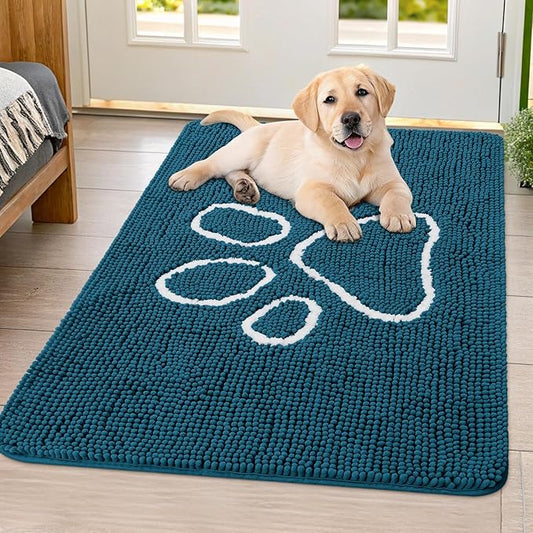 Smiry Dog Door Mat for Muddy Paws, Absorbent Dirt Trapper Non Slip Quick Dry Washable Chenille Mat for Mud Dogs, Entry Rug for Indoor and Outdoor (40x32 Inches, Atlantic Blue and White)