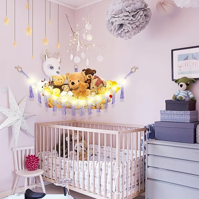CERETIA Stuffed Animal Hammock with LED Light, Large Stuffed Animals Storage Corner Plushie Net for Kids Room Decor, Purple