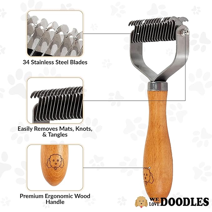 We Love Doodles Pet Dematting Comb and Curved Grooming Slicker Brush Bundle - Deshedding Undercoat Rake, Comb for Detangling Thinning and Shedding, Slicker Brush for All Hair Types