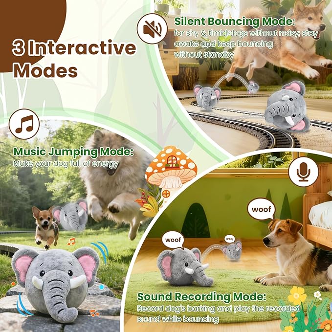 Hanarook Interactive Dog Toys, Self Moving Dog Toy to Keep Them Busy, Electronic Vibrating Dogs Toy/Squeaky Bouncing Ball for Small Medium Large Dogs with Jumping Music Talking Silent Mode (Elephant)