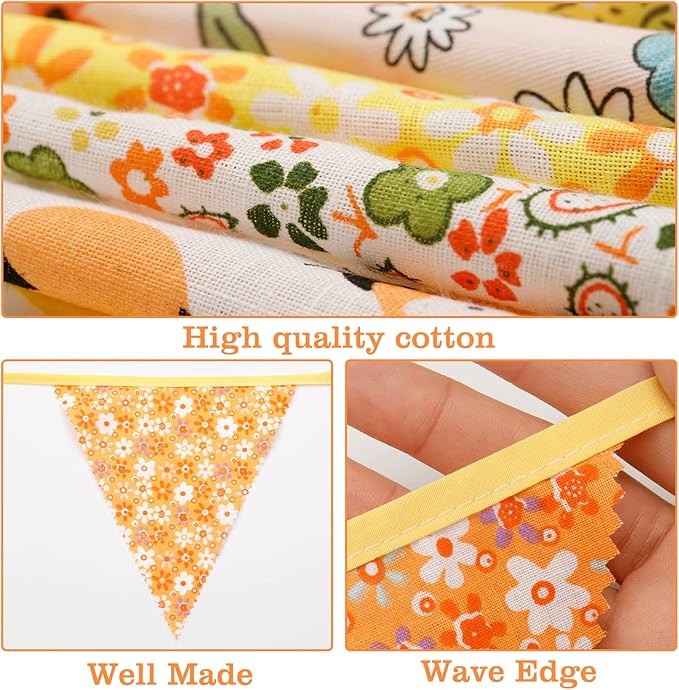 G2PLUS 39Ft Triangle Bunting Banner, 42Pcs Yellow Floral Garland Pennant Banner, Reusable Cotton Triangle Flags Party Decoration for Birthday, Wedding, Garden Tea Party, Baby Shower, Room Decor
