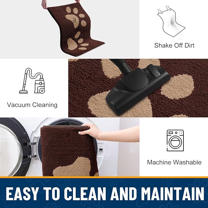 Smiry Dog Door Mat for Muddy Paws, Absorbs Moisture and Dirt, Low-Profile Entryway Mat with Non-Slip Backing, Entry Indoor Outdoor Doormat for Inside Floor (48x30 Inches, Brown, Paw)