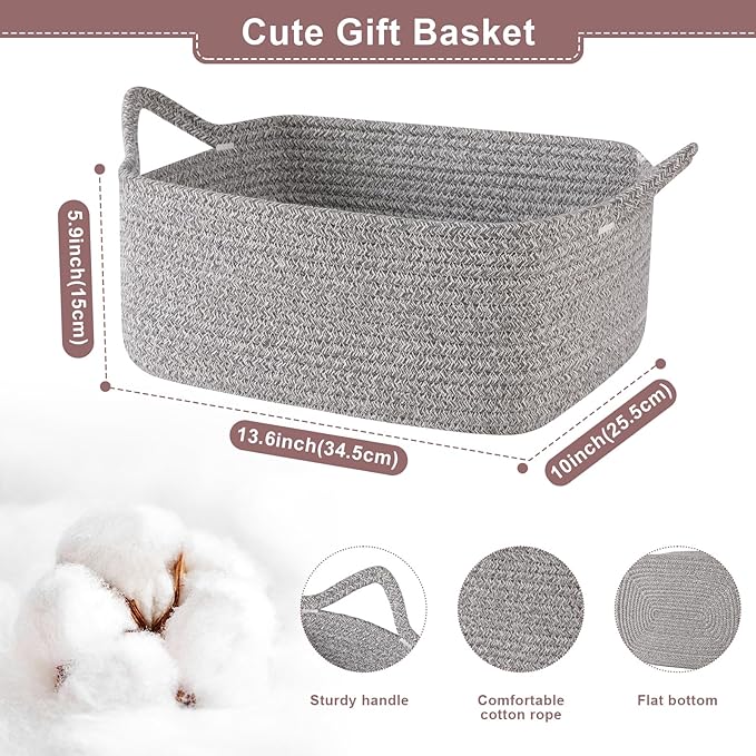 OIASKET Basket for Gifts Empty, Woven Storage Basket with Gift Bag, Ribbon and Wrap Tissue Paper, Small Rope Toy Storage with Handles for Baby Shower, Dog Toy Organizer, 13.6" x 10" x 5.9”, Gray
