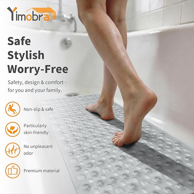 Yimobra Bathtub Mat Non Slip, 27.5"x15.5" Machine Washable Shower Floor Mat, Soft on Feet, Bathmat with Drain Holes and Suction Cups, Bathroom Essentials, Clear
