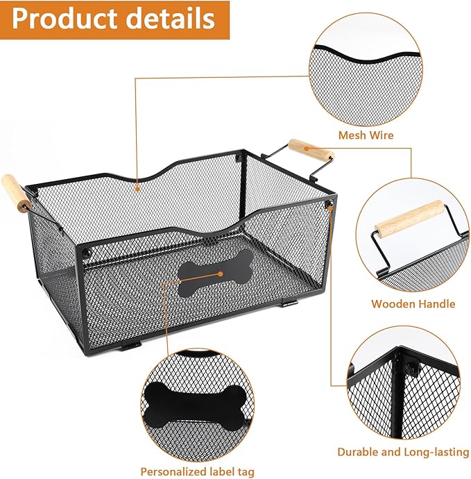 Metal Dog Toy Basket Medium,Mesh Wire Baskets for Pet Toy,Collapsible Cat Toy Bin with Wooden Handles,Dog Storage Organizer,Ideal for Dog Cat Accessories-Easy Assemble