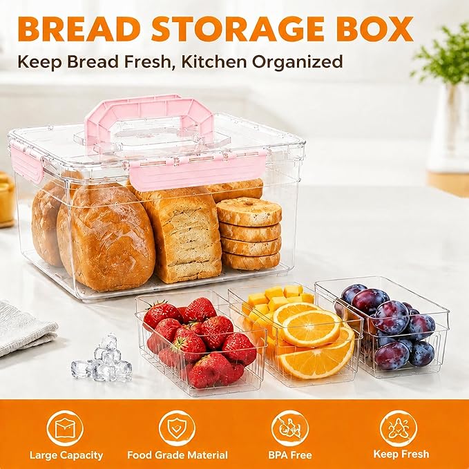 Bread Box with Ice Chilled Condiment Caddy, Portable Airtight Storage Container with Lid Handle for Kitchen Counter, Keeper for Homemade Bread, Toast, Bagel, Cookies, Pink