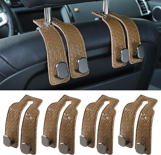 KINIVA 4 Pack Car Seat Hooks for Headrest, PU Leather Purse Hook Holder - Double Hook Design for Bags, Phones, Groceries, Car Back Seat Storage Accessories (07-Khaki 4 Pcs)