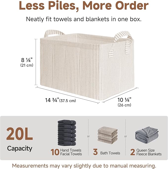 StorageWorks Storage Bins, Fabric Storage Bins for Shelves, Storage Baskets with Metal Frame, Closet Baskets and Bins with Handles, Khaki and Beige Stripes, 2-Pack