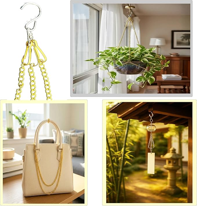 10 Pcs Fine Hanging Chain(1.2mm Dia.) Small Hang Bracket Decorative Replacement Link Chains Hooks for Sign Planter Bird Feeders,16 inch Long Gold Metal Chains and 5 Pcs Swivel S-Hooks
