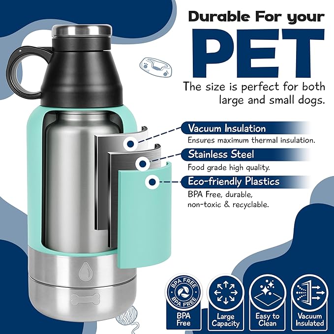 Stainless Steel Insulated Water Bottle with 2 Removable Water Bowls for Dogs – Leak-Proof Portable Dog Water Bottle - Travel Accessories for Dogs - 32oz - Teal