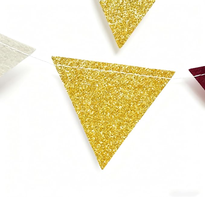 Maroon Gold Party Decorations Burgundy Beige Gold Glitter Felt Hanging Triangle Mini Bunting Pennant Banner Flag for Birthday Graduation Wedding Baby Shower Anniversary Party Nursery Classroom Decor